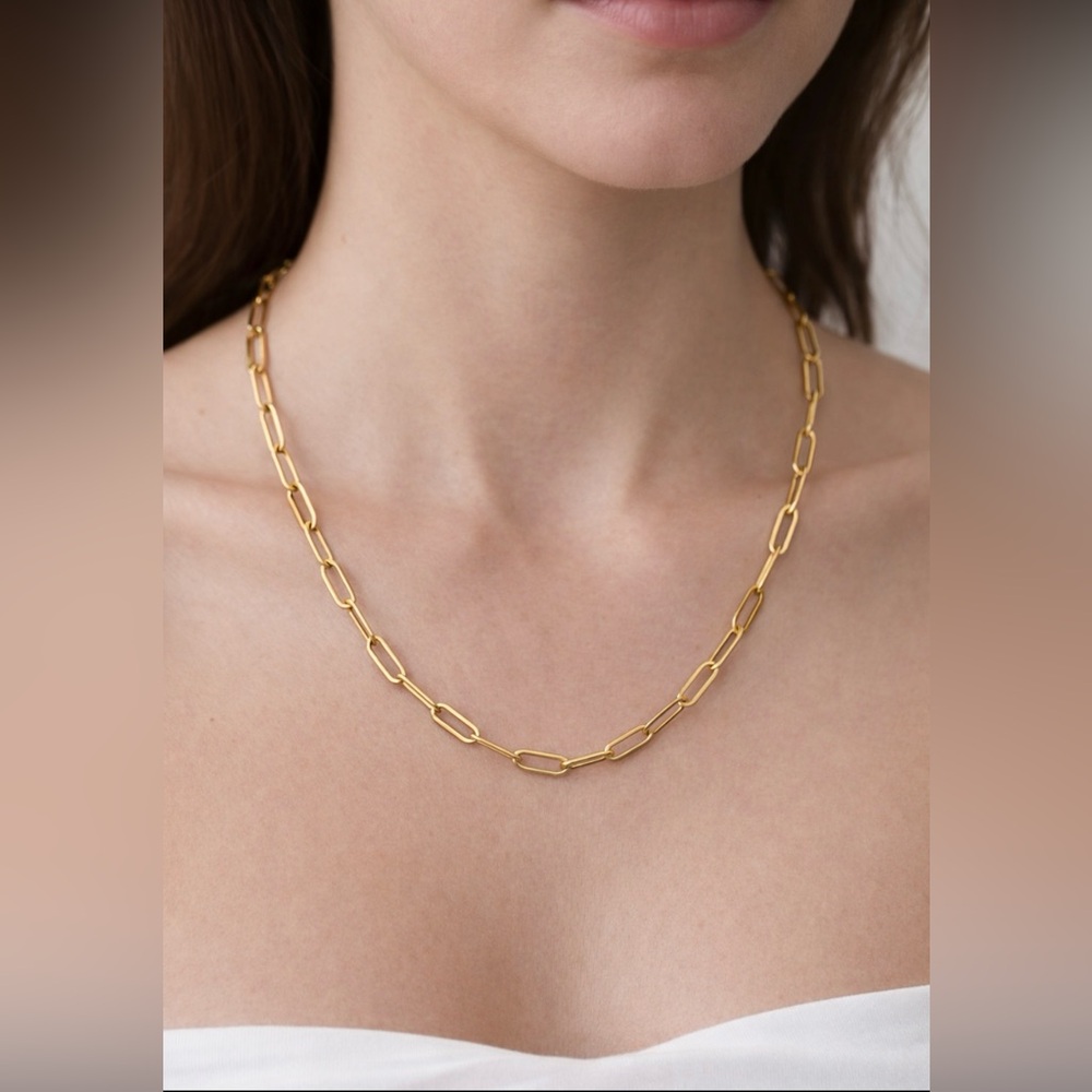 NEW Gold IP Plated Stainless Steel Paper Clip Necklace 16”-18” Tarnish Resistant